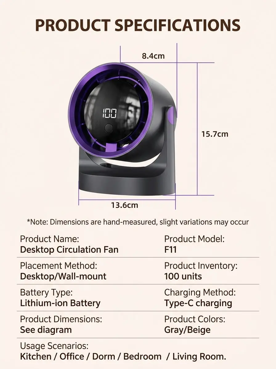 Premium Portable USB Rechargeable Desk Fan with Digital Display & 5 Speeds 8 Product Specifications with Dimensions
