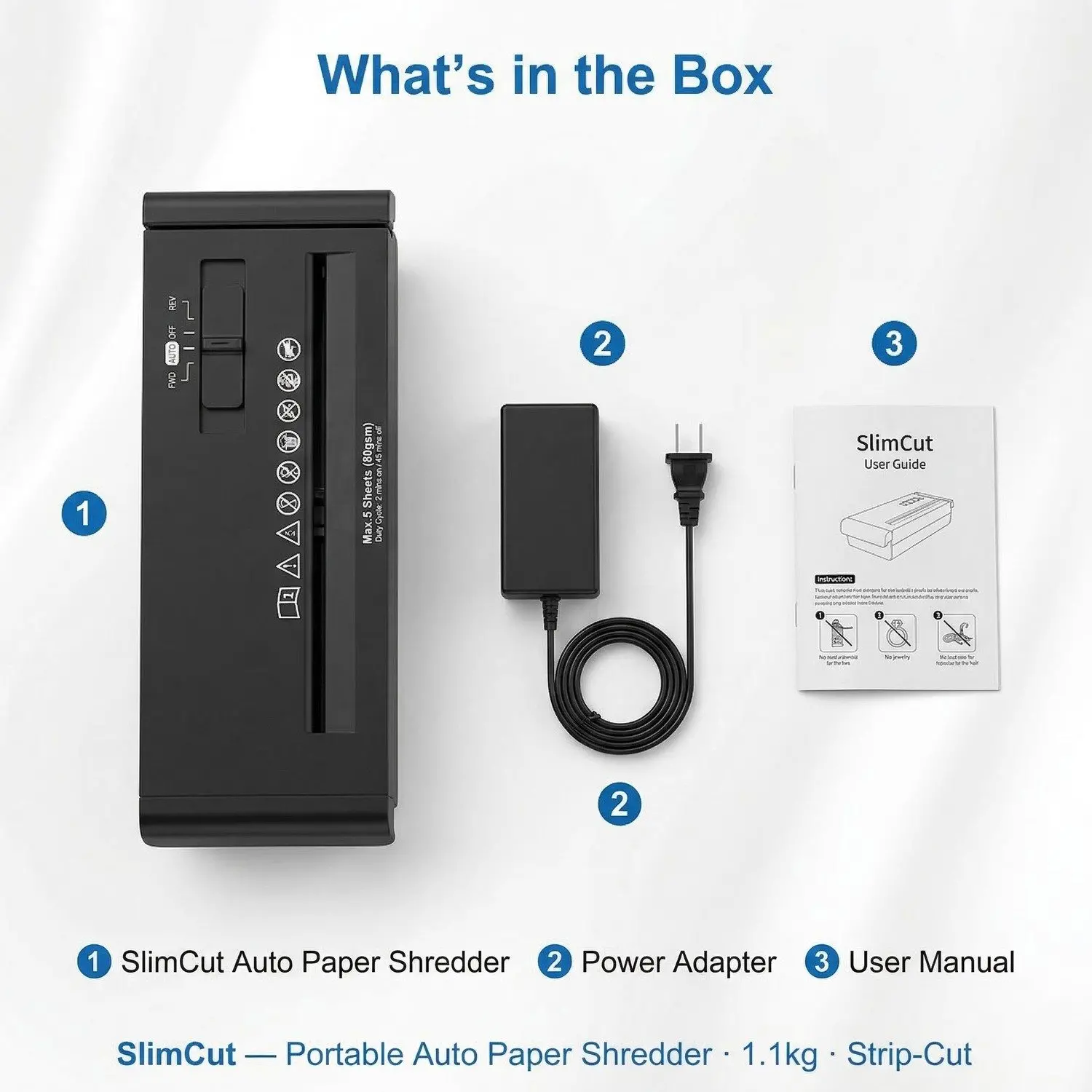 SlimCut Auto Paper Shredder – Portable Home Office Document Shredder, Strip-Cut, Lightweight 9 Package contents — shredder, adapter, manual