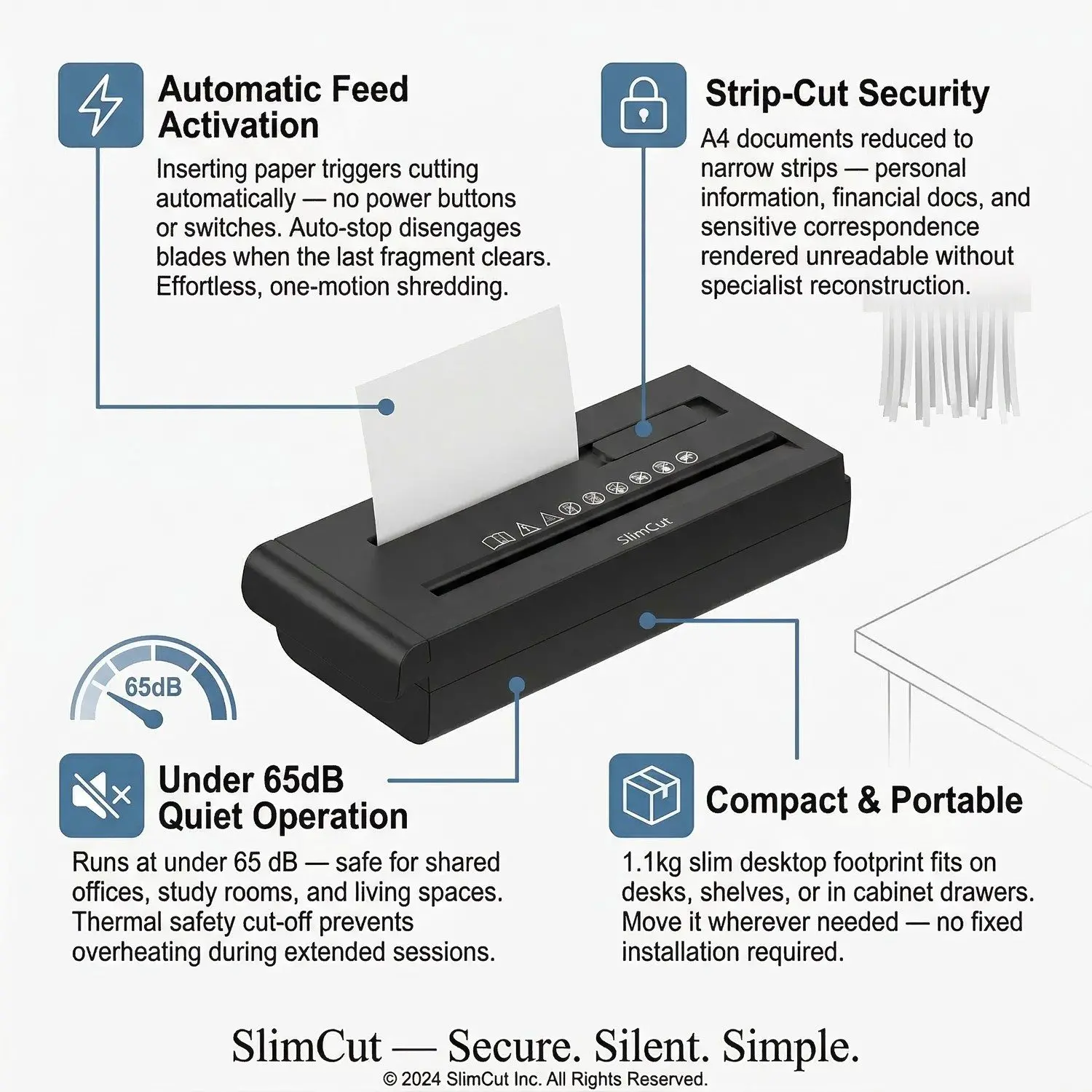 SlimCut Auto Paper Shredder – Portable Home Office Document Shredder, Strip-Cut, Lightweight 4 Compact design detail