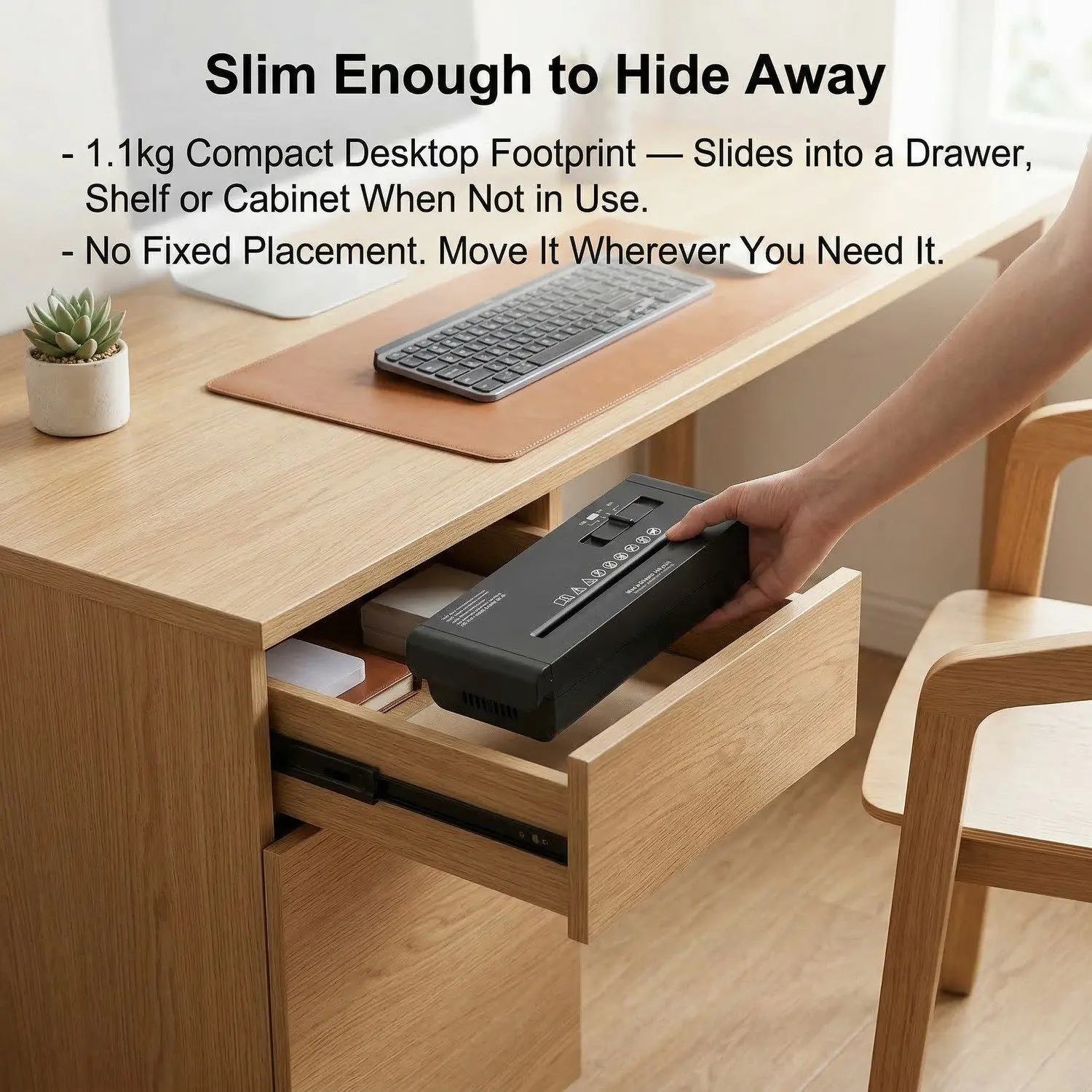 SlimCut Auto Paper Shredder – Portable Home Office Document Shredder, Strip-Cut, Lightweight 7 Lifestyle — person using shredder at home