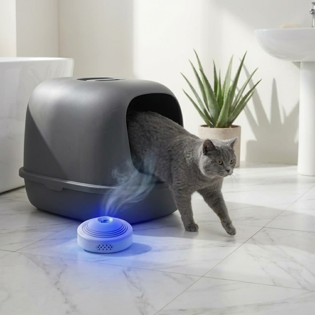 FreshSense Smart Litter Box Deodorizer - infrared motion sensor USB rechargeable compact